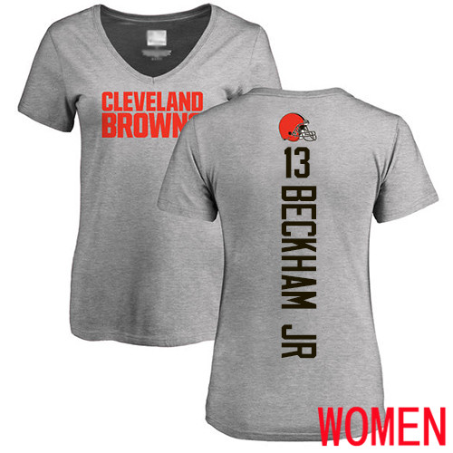 Cleveland Browns Odell Beckham Jr Women Ash Jersey #13 NFL Football Backer V-Neck T Shirt